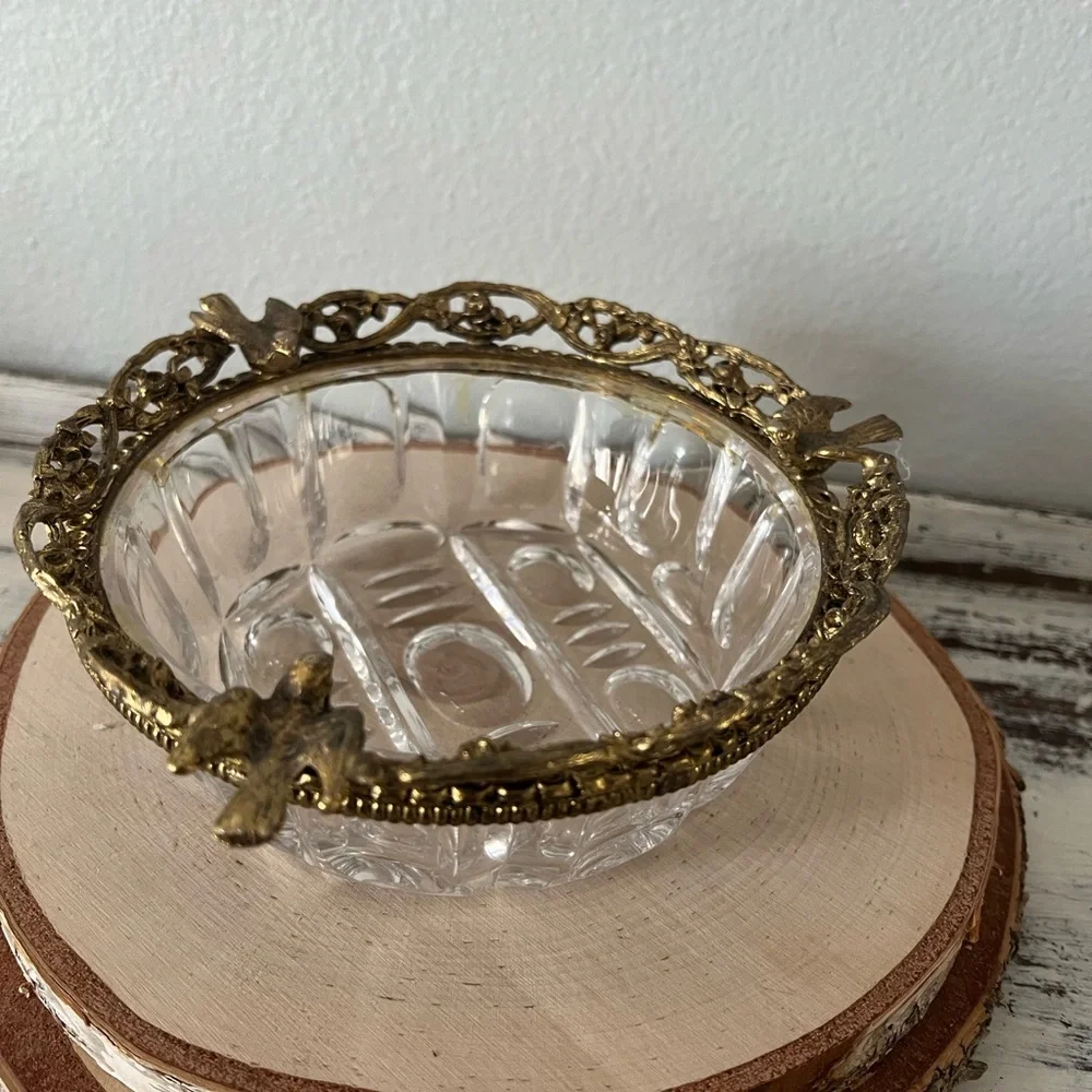 MCM Hollywood Regency Gold Gilt  Birds Vintage Bowl  Trinket Dish Cut Glass Rare - Picture 4 of 8